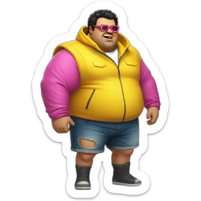 fat man with dark hair,a vibrant long yellow jacket, pink glasses, short jeans shorts. Show full lenght peson, person fighting a monster as superhero sticker