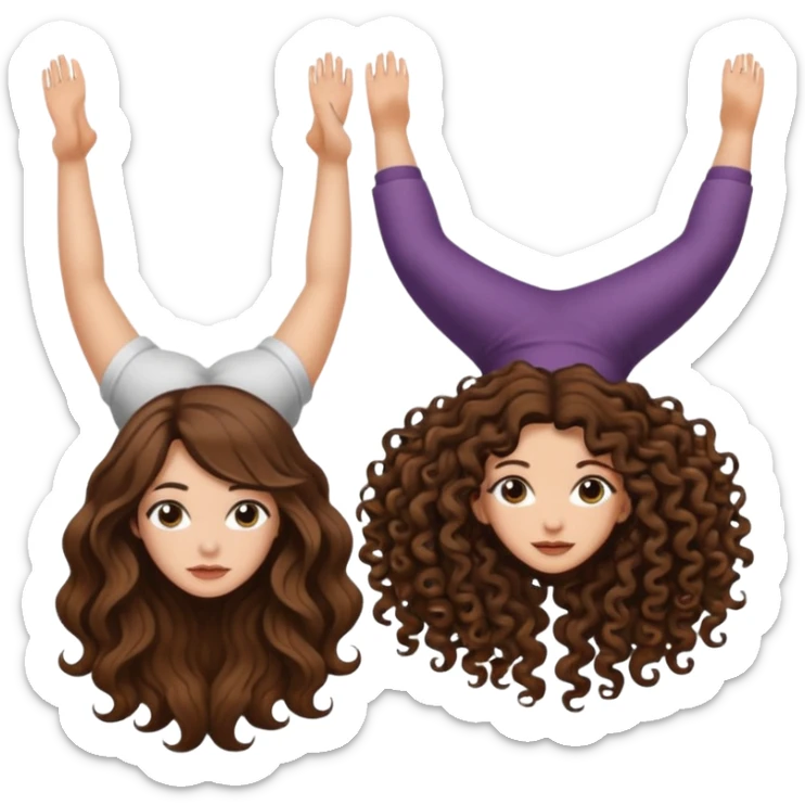 spell confusion — long wavy brown hair tattooed woman and short tight curly brown hair woman — scroll upside down sticker