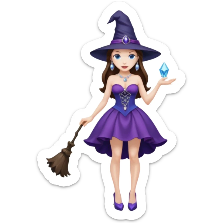 sexy woman brunette, very large breasts, pale skin, blue eyes, long brown hair, short purple strapless dress, witch hat, pearl earrings, smirking, in high heels, standing, head to toe, full body, zoomed out, entire outfit visible sticker