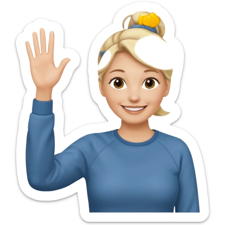 50 year old blonde woman with bun in casual clothes and sweat shirt waving sticker