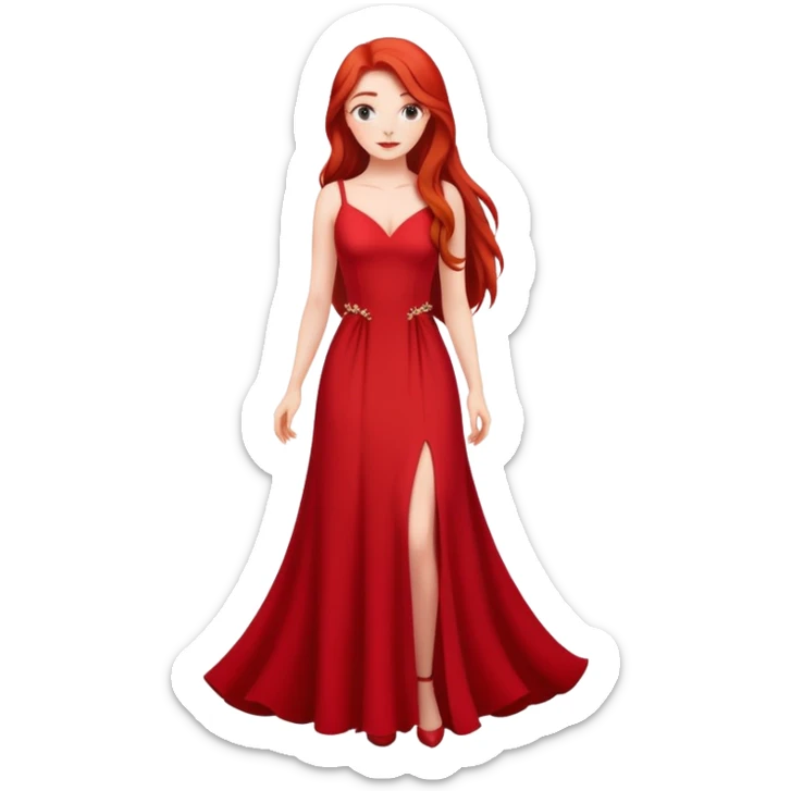 Fair-skin elegant girl in red long dress with long red hair sticker