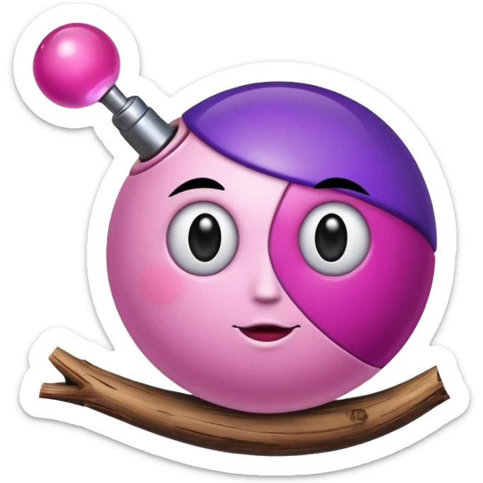 A half pink half purple ball with a face and a wooden stem followed by a glass stem on top of the wood stem tilted 90 degrees sticker