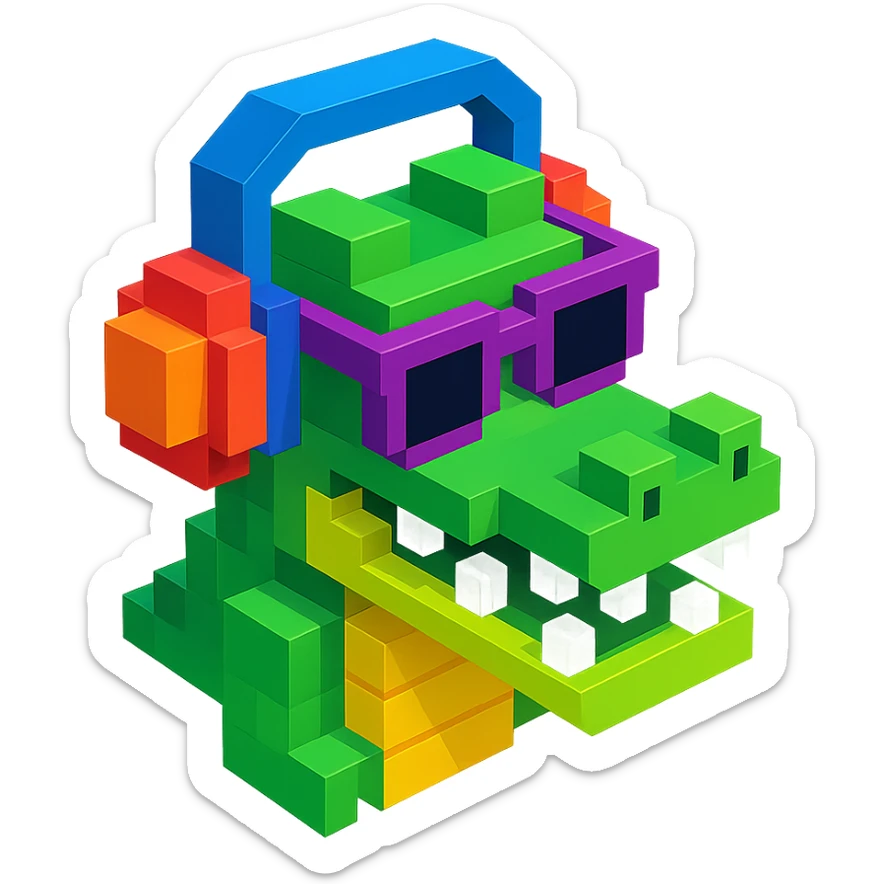 voxel style crocodile with headphones and sunglasses, isometric view sticker