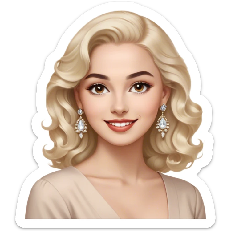  and confident woman with light skin, exuding feminine energy and elegance. She has expressive eyes, well-groomed eyebrows, and a charming smile. Her hair is styled beautifully—either in soft waves or a sleek, sophisticated look. She wears statement earrings, adding a touch of luxury. The outfit is chic yet effortless—either in light tones or a bold, striking color, reflecting her expertise and charismatic personality. The expression should be engaging, either playful, encouraging, or confidently professional. The art style should be modern, digital, and high-quality, resembling premium sticker sets. The background should be minimal or transparent, making it suitable for messaging apps. sticker