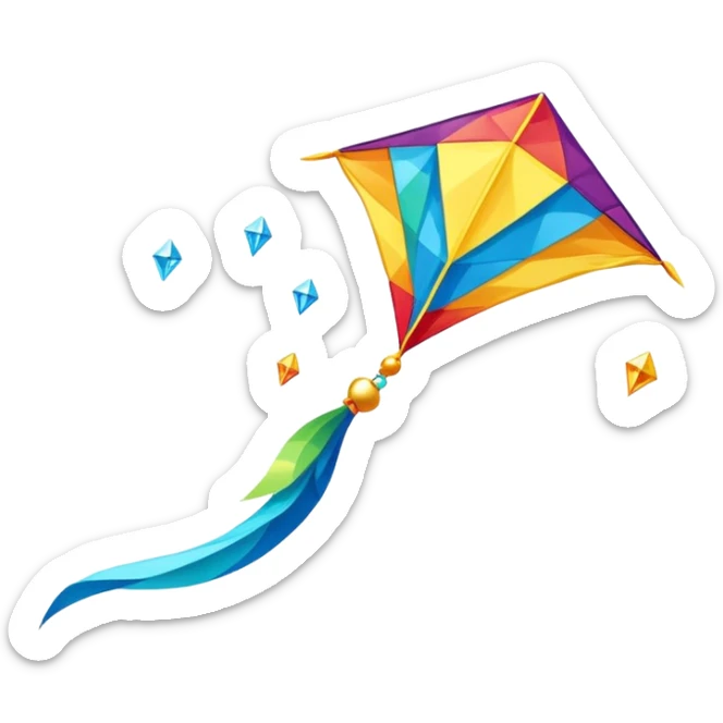 A colorful kite soaring high in the sky on a sunny day, with a long, flowing tail trailing behind. The background features an open field or beach, capturing the joy and freedom of flying kites, with gentle winds and a peaceful atmosphere. sticker