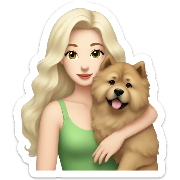 pretty woman with pale skin, very long black hair and green eyes and light pink outfit hugging a beige fluffy chow chow dog sticker