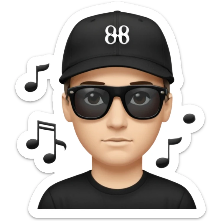 Emoji of a white man with short dark brown hair under a black baseball cap, wearing a black t‑shirt and 1980s‑style black Ray‑Ban rectangle sunglasses black lenses, with black musical notes floating around his head,  sticker