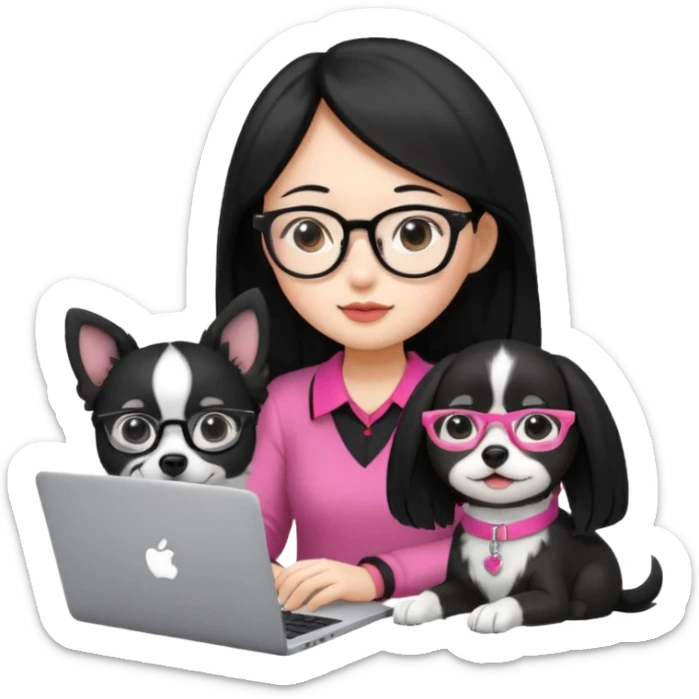Asian girl with long black hair working on an Apple laptop, next to her is a small black and white dog with pink collar on  sticker