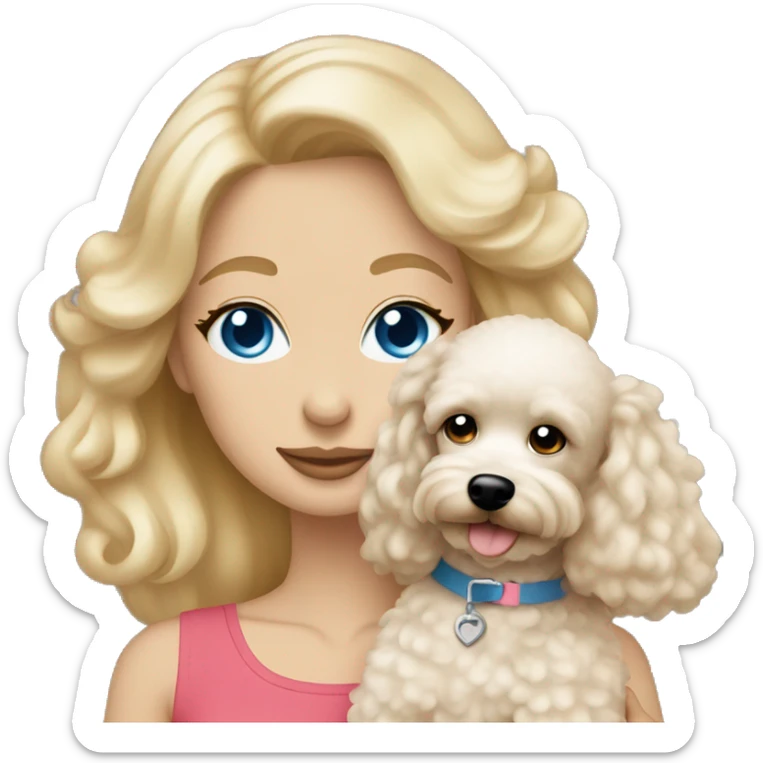 blonde woman straight hair blue eyes hugging cream colored poodle puppy sticker