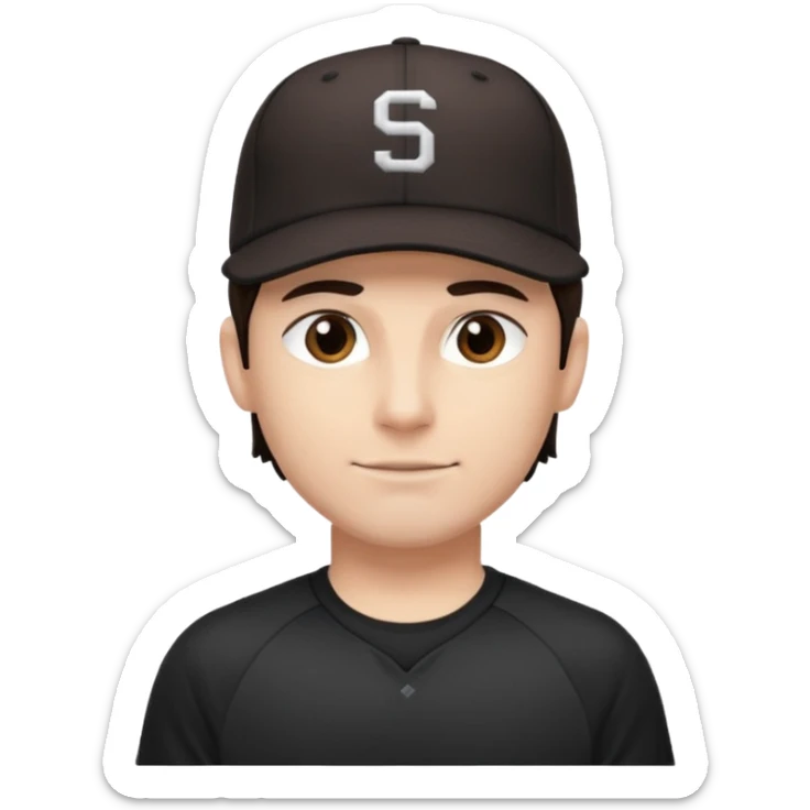 male, dark brown hair, dark brown eyes, fair skin, black baseball hat, dry fit tee sticker