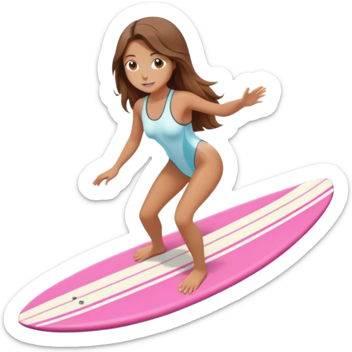 Girl with long brown hair surfing at pink short board in the white swimsuit  sticker
