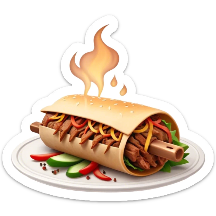 Cinematic Realistic Doner Kebab Dish Emoji, showcasing succulent, spiced meat shaved from a rotating spit rendered with lifelike detail and dynamic, appetizing lighting. sticker
