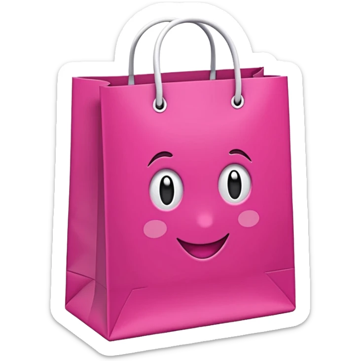 Bolsa de papel rosa fucsia con asas blancas, patrón repetido 'DRUNI' en rosa claro y un 'DRUNI' vertical blanco en el centro, estilo emoji iOS, brillante y realista. sticker