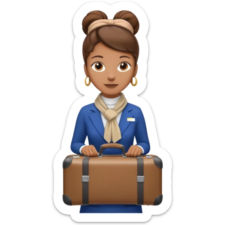 flight attendant, Light Brown skin, brown hair in single bun, neck scarf, suitcase sticker