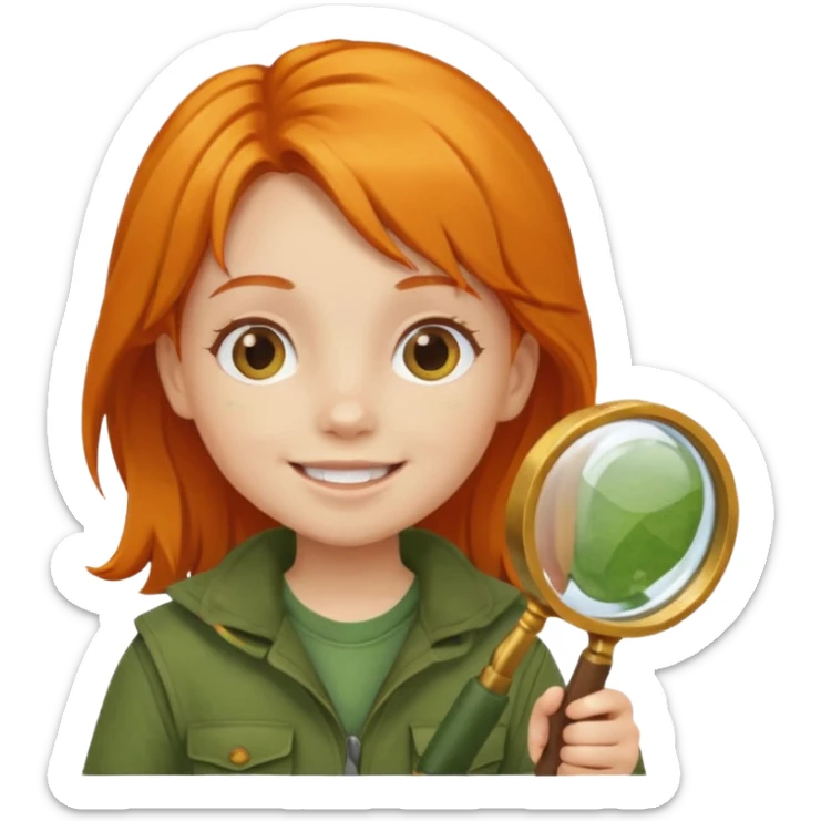 braid orange haired girl kid in moss green explorer outfit, holding magnifying glass, smile sticker