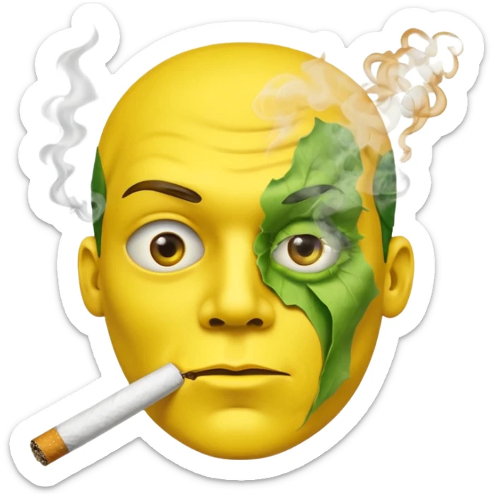 Hazme una carita amarilla aturdida con un cigarro en la boca soltando humo, el cigarro es de papel de liar y dentro está relleno de un tabaco verde sticker