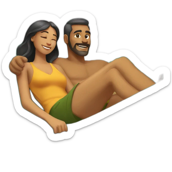 a man is laying in hammock and a woman is fanning him with palm leaves sticker