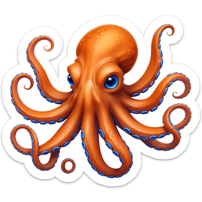 Cinematic Realistic Noble Octopus Portrait Emoji, Poised and majestic, with a sinuous, flowing body in vivid orange accented by intricately detailed blue rings, and intelligent, penetrating eyes that reflect ancient ocean lore; rendered with lifelike texture and natural iridescence, high shine, intelligent and formidable, styled with an aura of mystical marine power, focused and attentive, soft glowing outline, capturing the essence of a watchful and confident octopus that appears ready to glide out of the screen with timeless authority! sticker