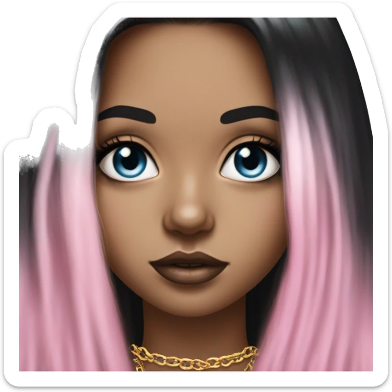 Hyperrealistic white girl with sky blue eyes and long black hair with pink fringe. Wearing gold chain necklace, gold diamond earrings and has dark eye makeup on her eyes sticker