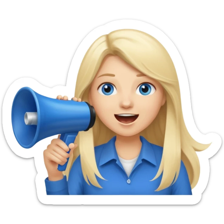 blue eyes blonde girl yelling into megaphone saying timeout long hair smiling sticker