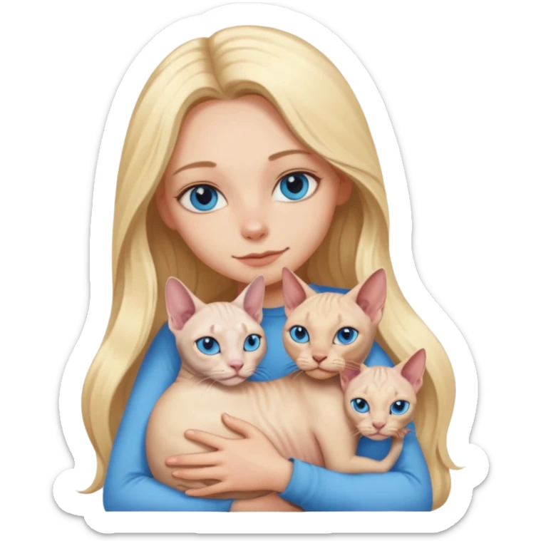 blonde girl with long hair and blue eyes cuddling a sphynx cat, emoji style sticker