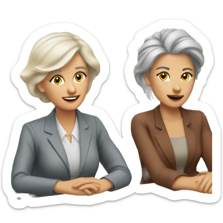 an older woman grey hair and a younger woman blonde hair sitting talking job interview semi casual sticker