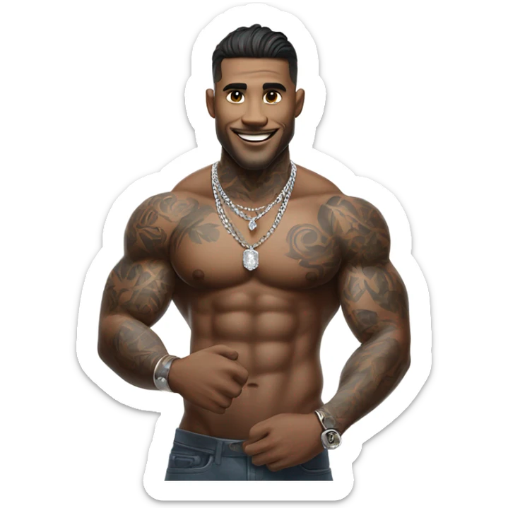 muscular male with tattoos that is wearing a diamond coated white gold necklace, waving hello sticker