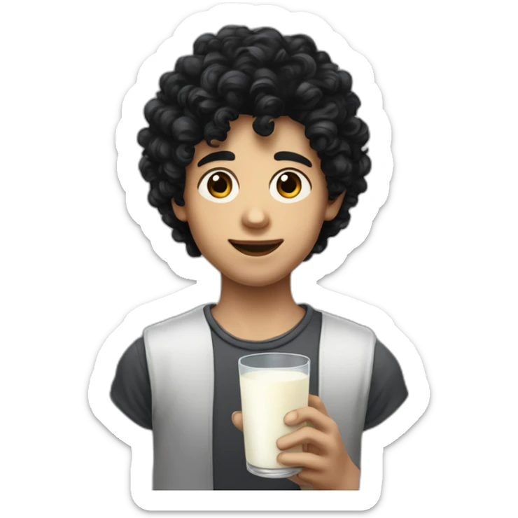 A portrait from the shoulders up of pasty white teenage boy with dark black curly hair holding a wineglass of milk sticker