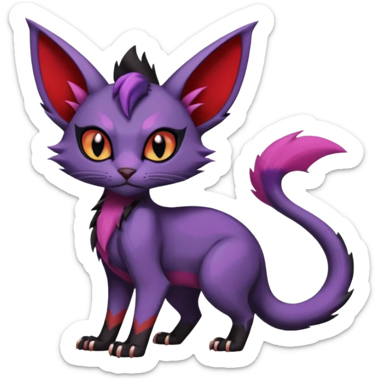 Black edgy Noivern-Noibat-Purloin-Torracat-Lykoi-Caracal-cat-Fakemon-fusion-hybrid-creature with violet and red scale markings sticker