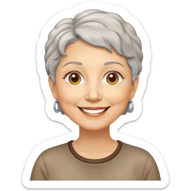 Bà lão 60 tuổi, da vàng, mặt tròn, tóc ngắn màu bạc, tóc hơi xoăn, mặt cười tươi vui vẻ, áo nâu sticker