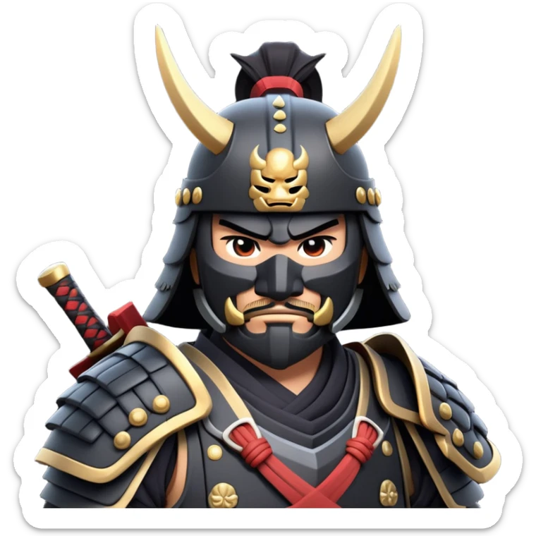 clash-of-clans-aesthetic_-cinematic-fearsome-and-majestic-samurai-bust-portrait-emoji, rendered in a flat, vector-style with minimal shading and bold, simplified shapes typical of emoji art, depicting a battle-hardened samurai with black mask and traditional black Japanese armor. The samurai is riding a noble grey warhorse adorned with an intricately designed saddle and fluttering banners and a rising sun. a samurai on a   horse sticker