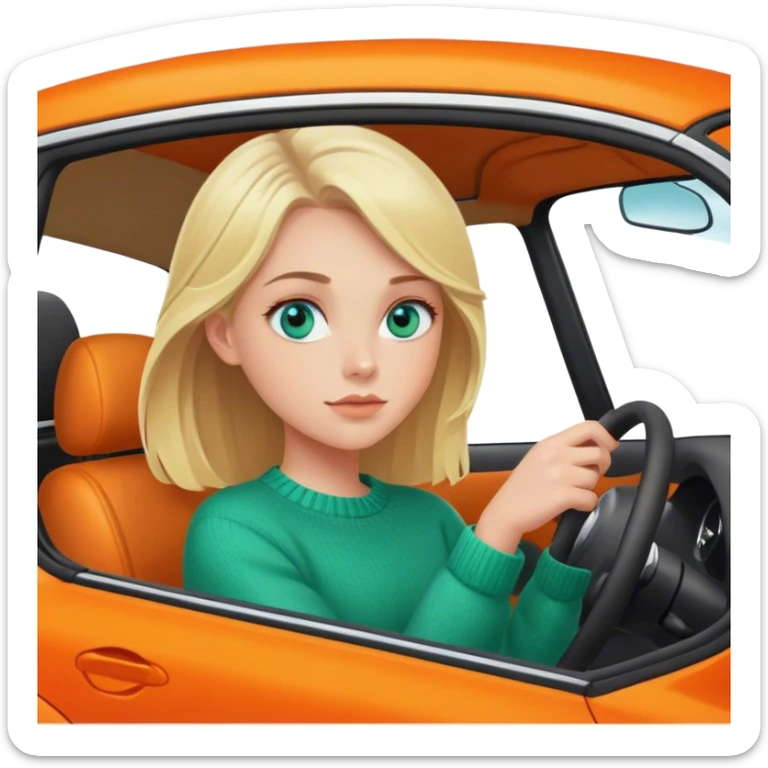 Cinematic realistic blonde with blue eyes, dressed in a green sweater, driving an orange car sticker