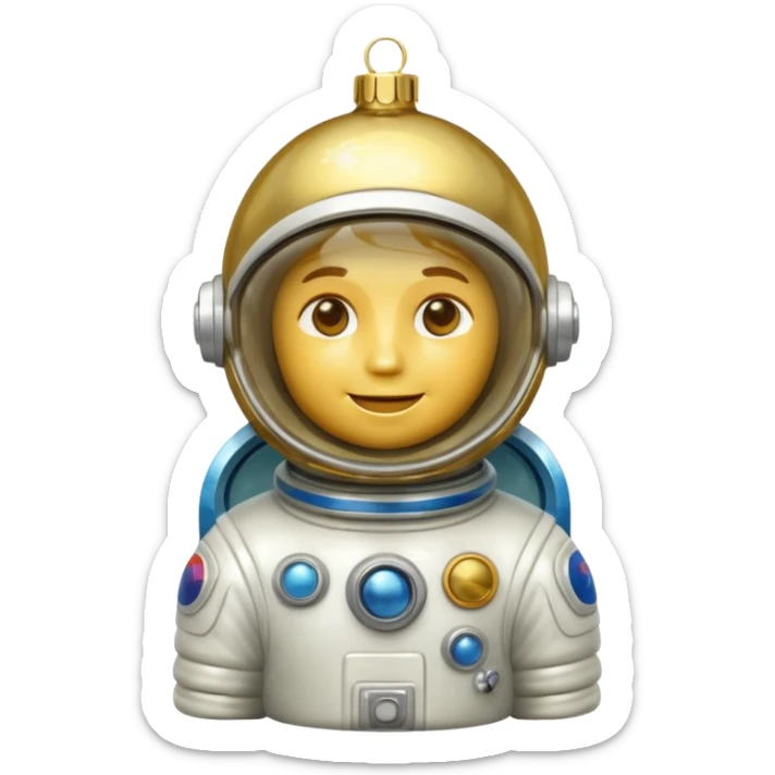 Apple iOS style 3D emoji of a vintage Soviet glass Christmas ornament shaped like a little astronaut. Shiny metallic paint, iridescent glass reflections, slightly distressed gold details. High-end
3D render, nostalgic aesthetic, isolated on a solid white background, 8k. sticker