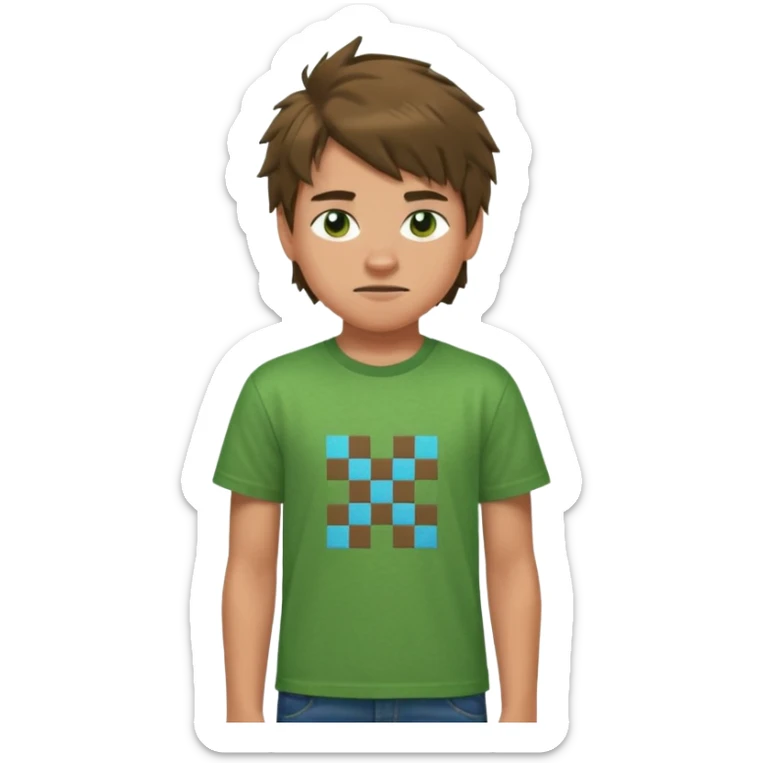 A 14 yerar old teenage boy, slightly tanned, wearing a green minecrcaft tshirt, blue jeans and green sneakers with brown tousled hair, smirking sticker