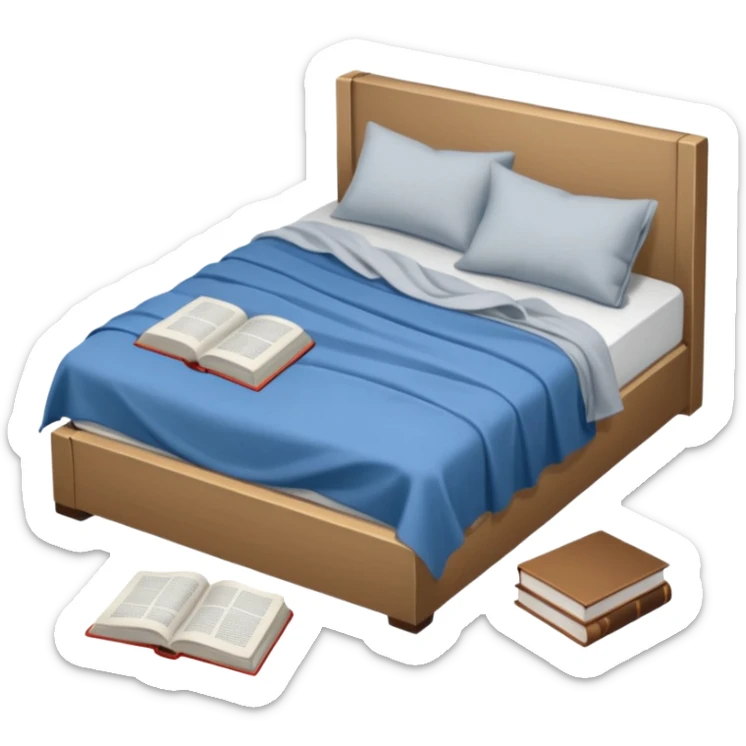 messy bed with a wrinkled blanket, the pillow out of place on the floor. Around the bed, scattered items include a t-shirt, pants, and an open book on the floor. sticker
