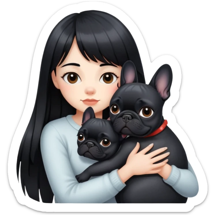 girl with long black  straight bangs hair and hugging a Black French Bulldog sticker