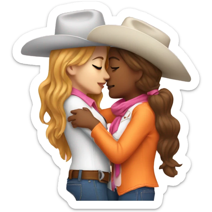 Women, cowgirl, kissing another cowgirl in orange and white and pink sticker
