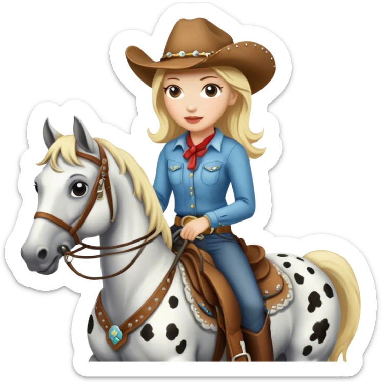 cowgirl that has white skin and blonde hair with appaloosa horse sticker