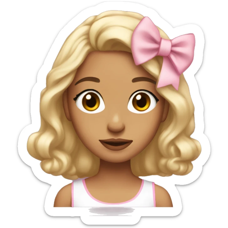 Coquette light skin brown straight medium lengh hair brown eyes with light pink  bow in her hair sticker