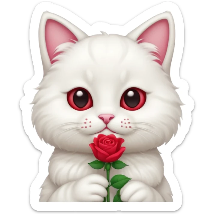 Cute emoji-style white cat holding a red rose in its mouth, big round eyes, fluffy fur, clean mascot style, centered, transparent background, 1:1 ratio. sticker