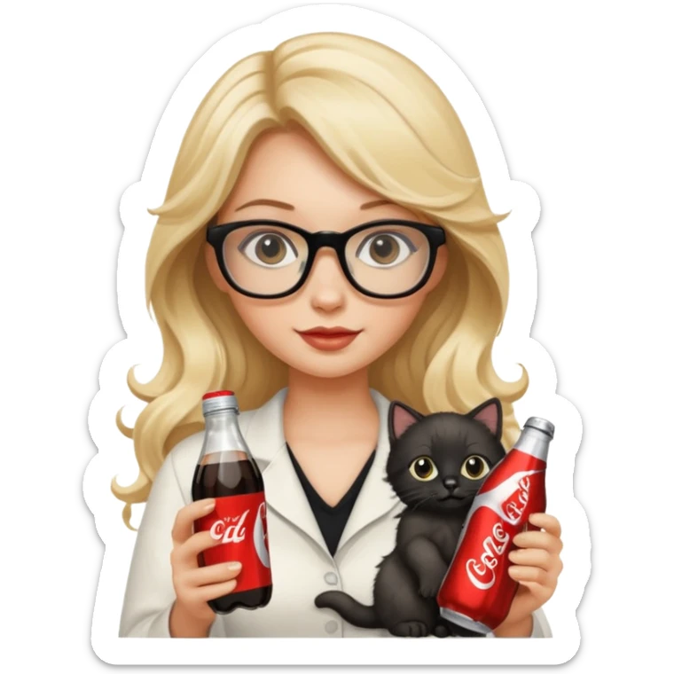 Beautiful blonde with glasses and long wavy hair holding a black kitten and a Diet Coke bottle in the other  sticker