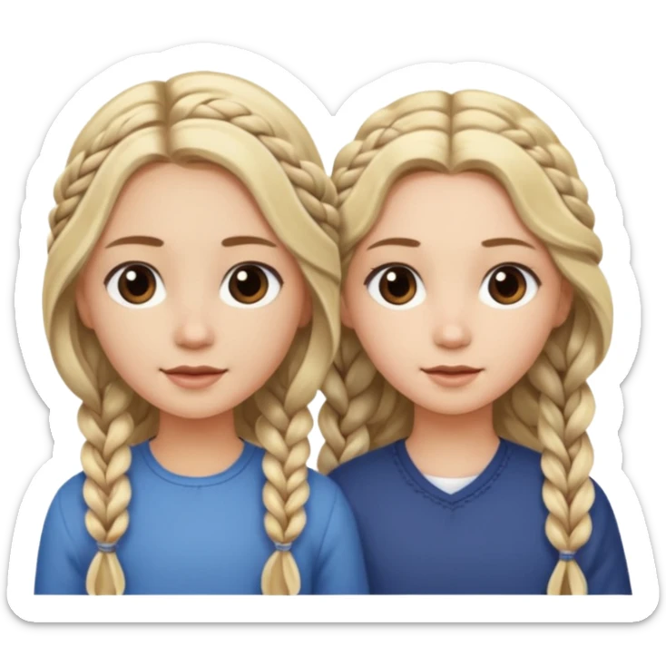 Sister with long wavy loose flowing blonde hair and  sister with DARK BROWN HAIR WITH ONE BRAID on one side.   sticker