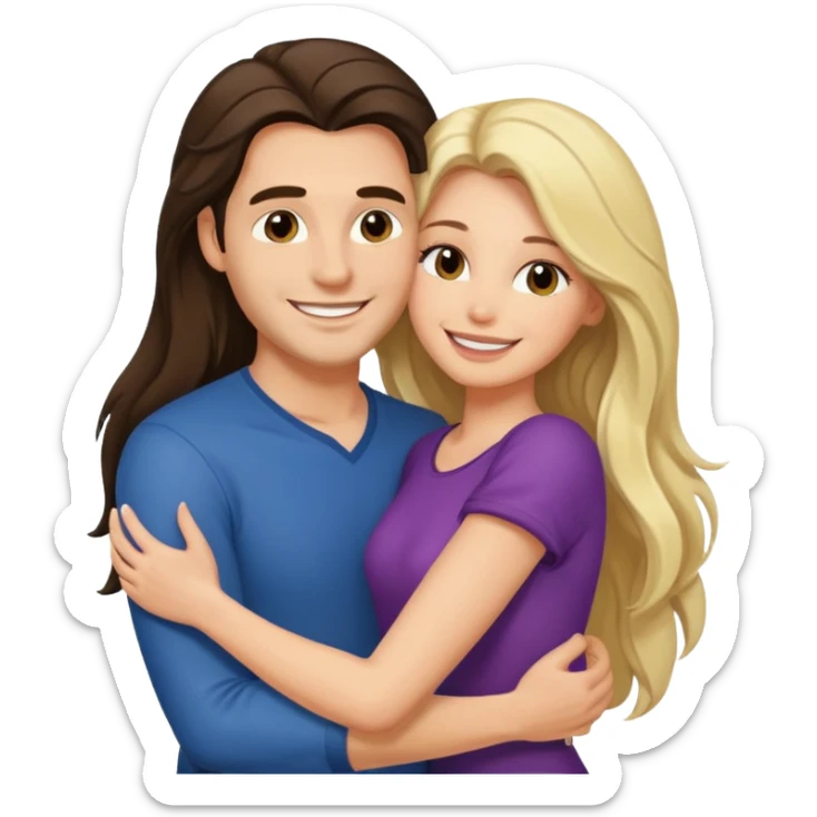 A happy boyfriend and girlfriend hug. She is brunette sexy with long hair. He is blonde sticker