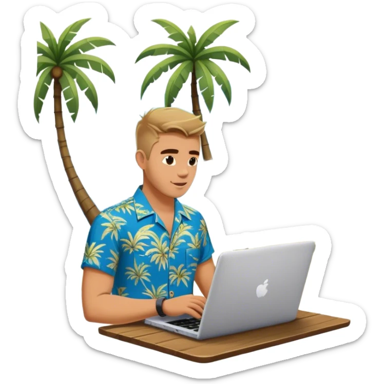 A digital nomad in bali working on a laptop wearing a tropical blue shirt with a palm tree on the side sticker