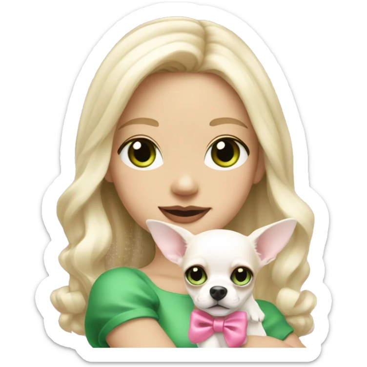 pale blond girl with wavy long platinum hair with green eyes holding a white chihuahua puppy that wearing a pink bow sticker