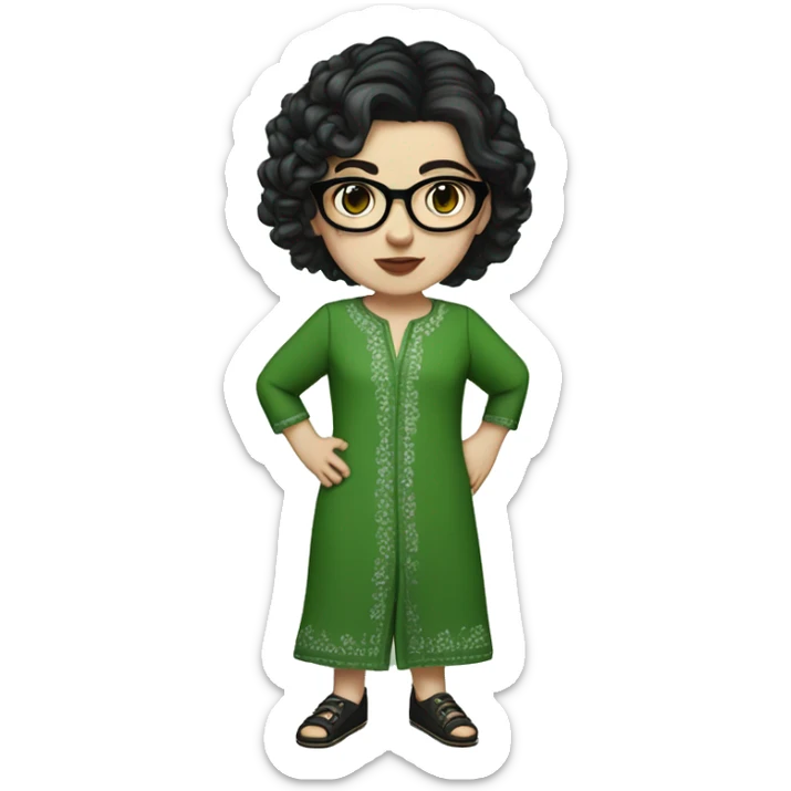 White girl in a green kurta with flower design, glasses, alot of piercing, gay, red lips, nose ring, full body, teen, short black straight edgar hair,  sticker