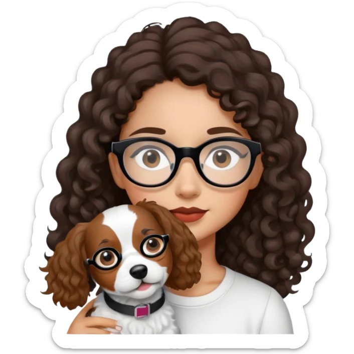 A girl whit dark brown long curly hair and black glasses and a jack russel sticker