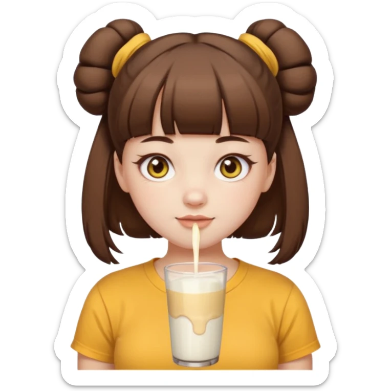 beautiful girl with brown hair with up twin buns style only, straight bangs, yellow eyes, milk brown tshirt, white skin, her body is a little fat  sticker