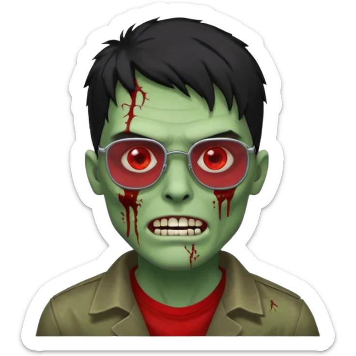 homem zumbi de óculos cabelo preto com muita olheira deixar pele dele verde dentes brancos e olhos vermelhos e ensanguentados deixar óculos quadrado e preto e olhos cheio de veias vermelhas e encher o rosto de piercings colocar piercing em todo rosto piercing prata sticker