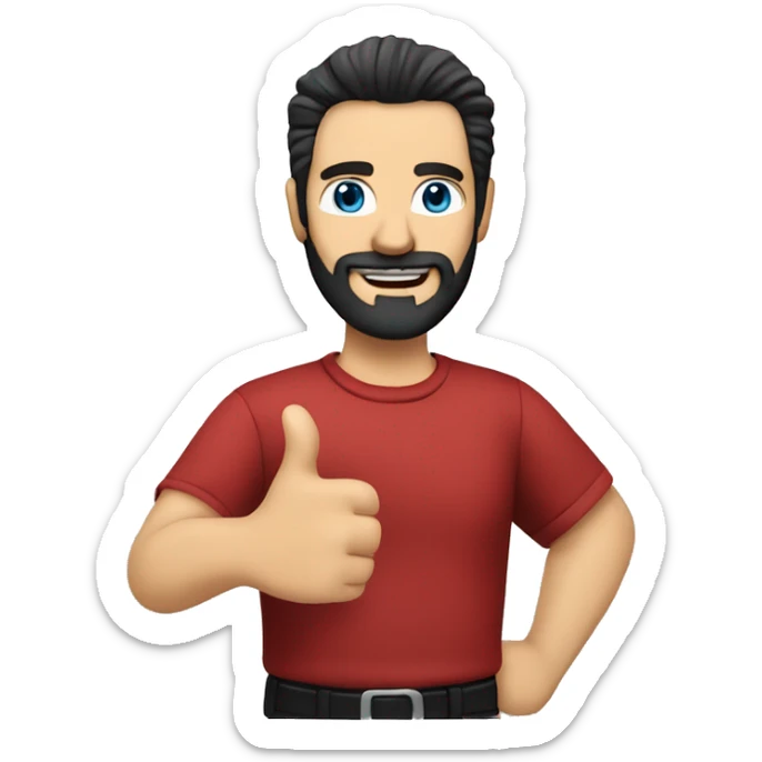 A middle-aged Caucasian man with a beard and spiky black hair wearing a red shirt giving a thumbs up gesture sticker